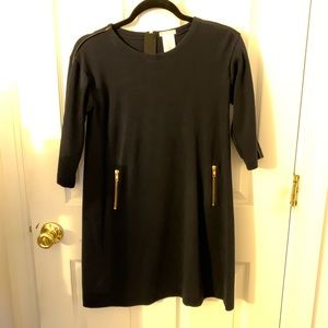 Navy Dress with faux leather shoulder jcrew